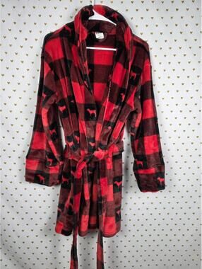 PINK Victoria's Secret Red and Black Plaid Fleece Robe with Dog Silhouettes